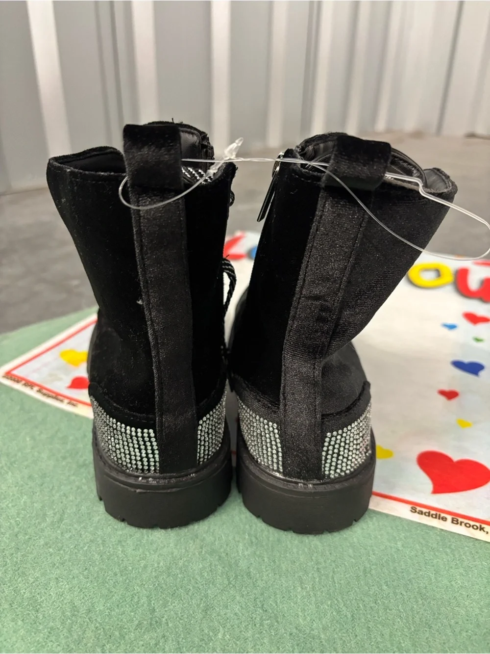NWT Jessica Simpson Jes468 Black Velvet Combat Boots Stripe Laces Zip Side Bling